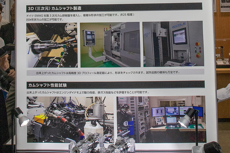 EMAG製「3次元カム研削盤」の解説ボード。バルブが斜めに配置できることにも触れている。日本では持っているところが少ない機械