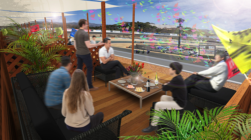 「1コーナーテラス スカイデッキ」。タープとソファが設置された最大6名まで利用できる専用のプライベート区画で、食事などを楽しみながらゆったりとレース観戦できる。価格は9万3000円で、観戦エリア近くの専用駐車場料金も含まれる