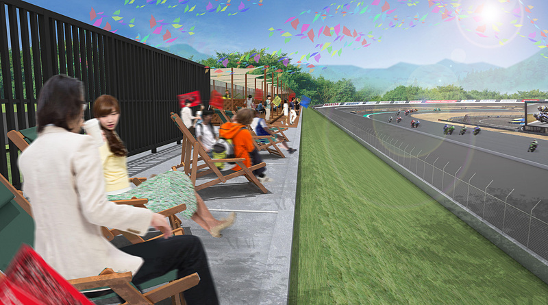 「1コーナーペアシート」。2台ペアで用意されるデッキチェアに座り、アウトドア気分でレース観戦可能。価格は2万4000円