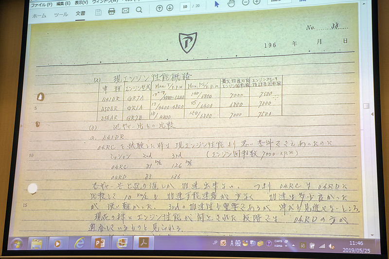 当時の開発ノートの現物。「S410R」がグロリア、「S50SR」「S54AR」はスカイライン。トランスミッションもギヤ比だけでなくシフトパターンのバリエーションも複数あったことが分かる。トルクが細めだったのでギヤの選択が重要だったのだろうか