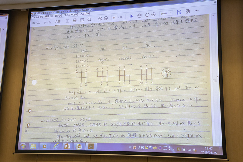 当時の開発ノートの現物。「S410R」がグロリア、「S50SR」「S54AR」はスカイライン。トランスミッションもギヤ比だけでなくシフトパターンのバリエーションも複数あったことが分かる。トルクが細めだったのでギヤの選択が重要だったのだろうか