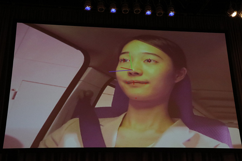 カメラ映像の中から、AIが「目」「鼻」「あご」を目印のランドマークとして検出。10万枚を超える画像をディープラーニングで学習させ、眼鏡やマスクなどを着用してもAIが人の顔を認識できるようにしているという