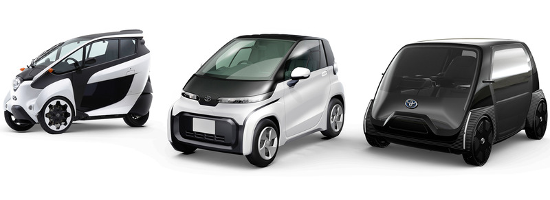 左から2輪車サイズの「i-ROAD」、超小型EVの2020年市販予定車、ビジネス向けコンセプトモデル