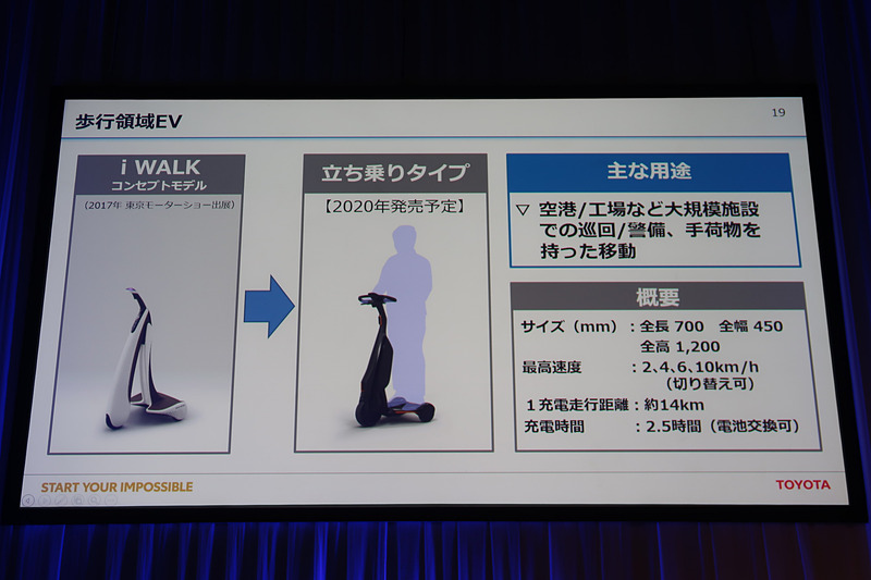3輪の立ち乗りタイプの「歩行領域EV」も2020年発売予定
