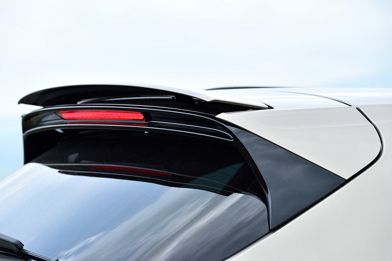 エクステリアでは2列に並ぶフロントライトモジュールが特徴的なLEDヘッドライト、21インチの専用アルミホイール（タイヤはピレリ「P ZERO」で、フロント：285/40ZR21、リア：315/35ZR21）、専用のツインテールパイプなどを装備。カイエン ターボならではの装備としては、選択されたドライビングモードや走行速度などによって角度を自動調整する「アダプティブルーフスポイラー」が挙げられる