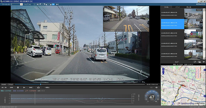 PC専用アプリで表示した画面。前後の映像を切り替えて表示できるほか、GPS情報も記録しているので、走行している場所を地図に表示したり、Gセンサーのデータを見たりもできる