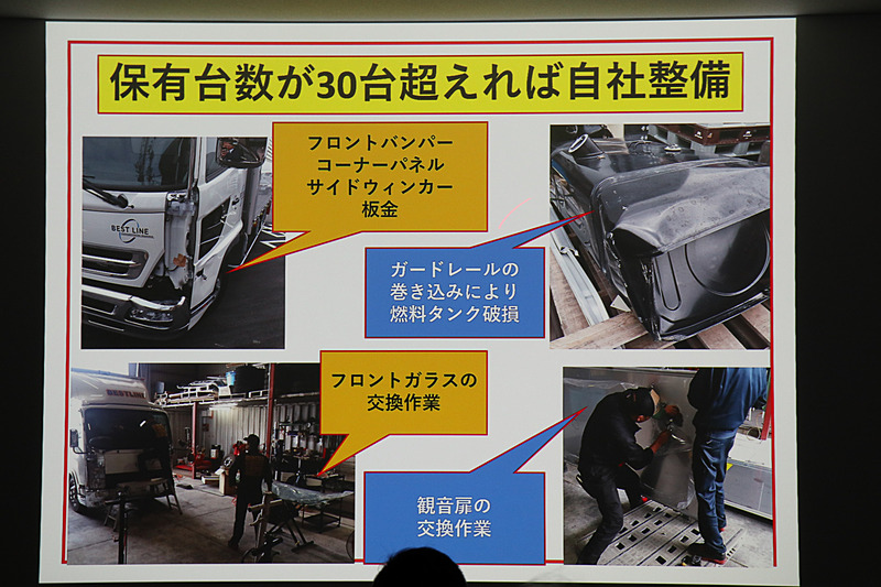 社内に整備部門を完備。メンテナンスコストが抑えられることに加え、社屋の修繕などさまざまな面でコスト低減に貢献しているという