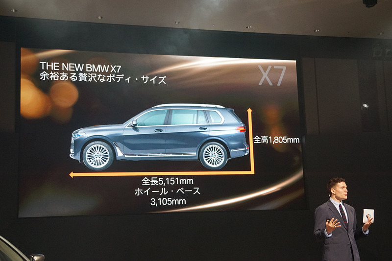 新型X7は、最高出力265PS（195kW）/4000rpm、最大トルク620Nm/2000-2500rpmを発生する直列6気筒ディーゼル・エンジンを搭載する「xDrive35d」「xDrive35d デザイン・ピュア・エクセレンス」「xDrive35d M Sport」と、最高出力530PS（390kW）/5500-6000rpm、最大トルク750Nm/1800-4600rpmを発生するV型8気筒ガソリン・エンジン搭載する「M50i」をラインアップ