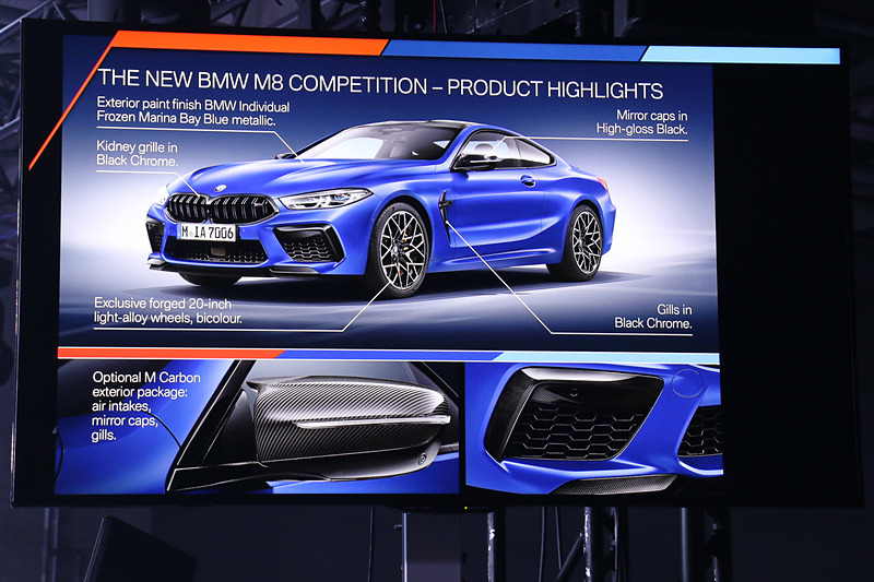 M8 Competitionではグリルやドアミラーを光輝ブラック化。カーボンパーツも積極的に使ってハイパフォーマンスモデルであることを表現している