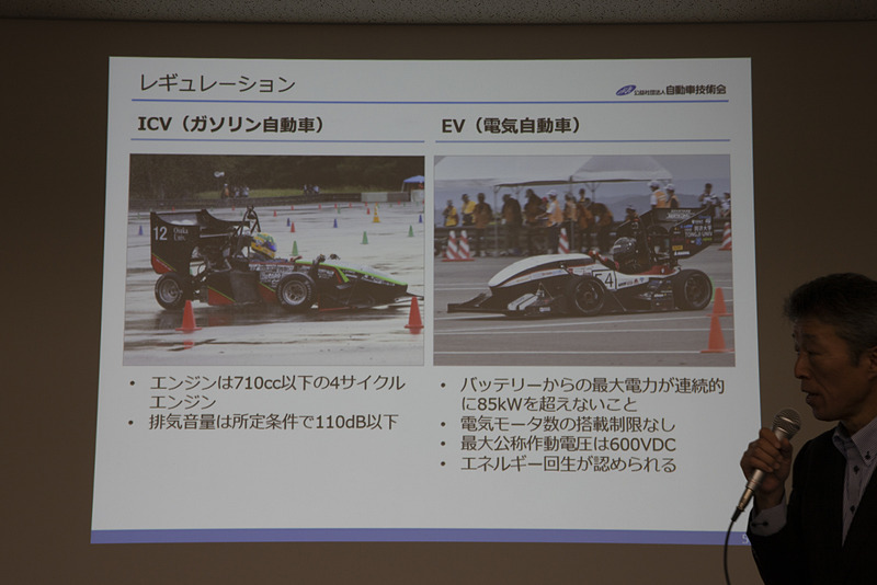 クラス分けと主要なレギュレーションについて。参加の比率はICVのほうが圧倒的に多いが、EVクラスへのエントリーも年々増えている。なお、EVクラスには海外からの参加チームが多い傾向