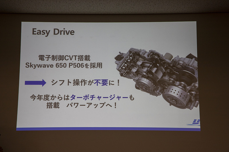 スズキ スカイウェイブ650のエンジン、トランスミッションを搭載。トランスミッションは電子制御CVT。縦長エンジンなので車体中央右というエンジンレイアウトとなる。2019年は約1.0リッターエンジン用のタービンを流用してターボ化している