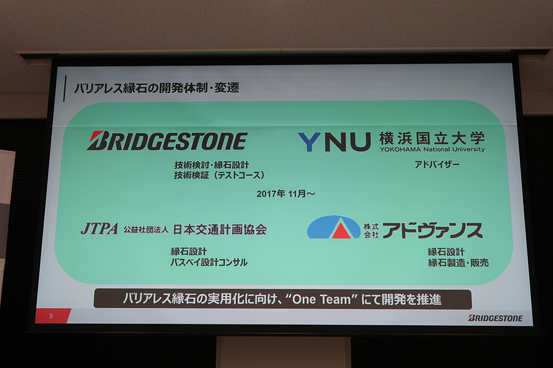 新型バリアレス縁石を共同開発した4者。それぞれで役割分担を受け持ち、“One Team”で開発を進めたという