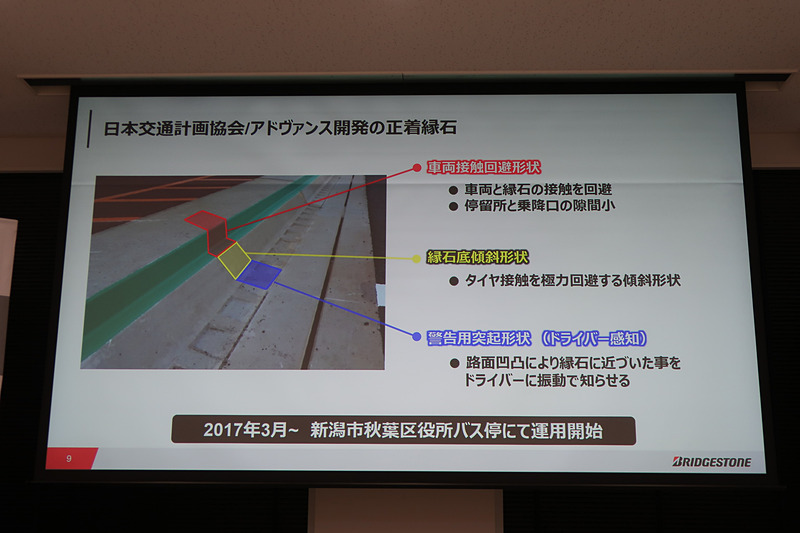 日本交通計画協会とアドヴァンスが開発していた正着縁石。タイヤから伝わる振動で縁石に接近したことを知らせる「警告用突起形状」を備える