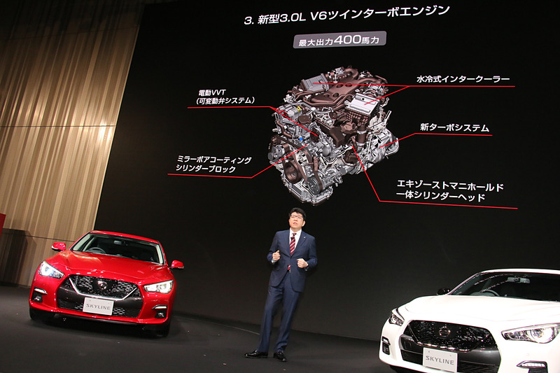 新採用のV型6気筒 3.0リッターツインターボエンジン「VR30DDTT」型では、国内販売の日産車で初となる「新ターボシステム」「水冷式インタークーラー」などの採用で405PS/475Nmを実現