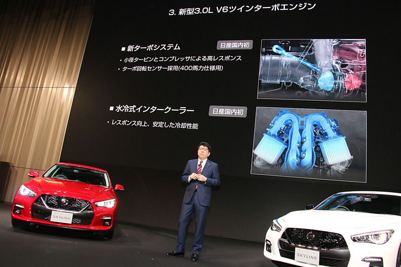 新採用のV型6気筒 3.0リッターツインターボエンジン「VR30DDTT」型では、国内販売の日産車で初となる「新ターボシステム」「水冷式インタークーラー」などの採用で405PS/475Nmを実現