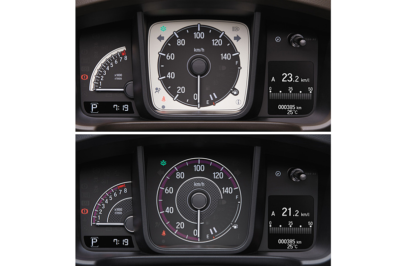 上がN-WGN、下がN-WGN カスタムのメーターパネル。スピードメーターを大きく中央に配し、左側にタコメーター、右側にマルチインフォメーションディスプレイをレイアウト