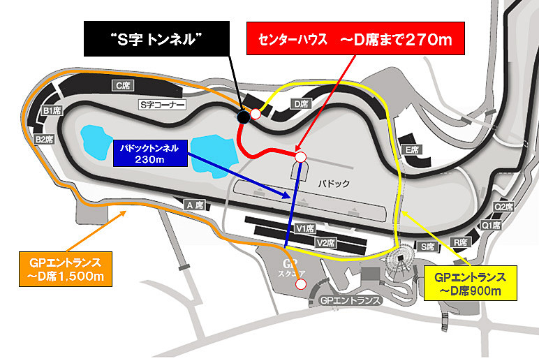 パドックエリアからはトンネルを抜けてD席へのアクセスも容易
