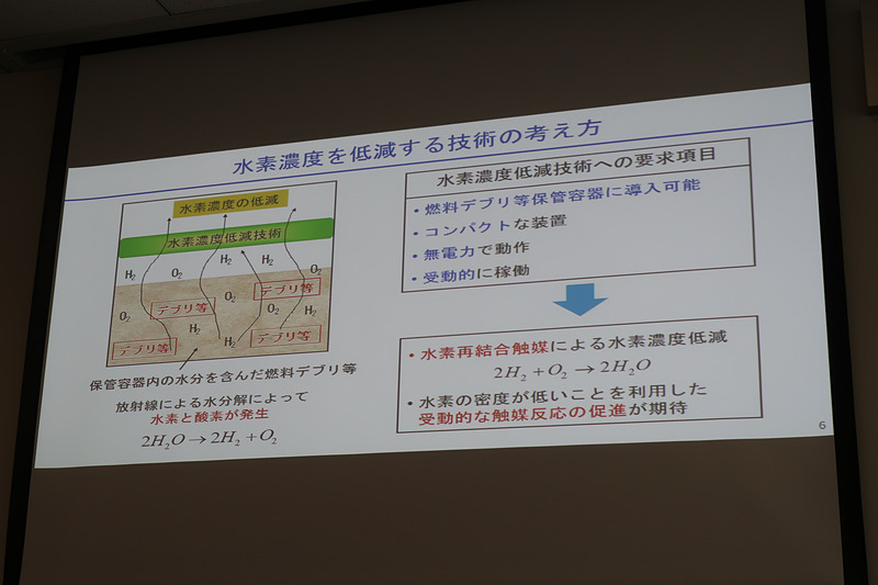 放射線によって水分が水素と酸素に分解される。これをPARで水に戻し、水素濃度を低減する。容器は密閉されているため、再び放射線による分解が行なわれるが、長期的には燃料デブリの熱崩壊も沈静化していくため、水素の発生自体も少なくなっていくという