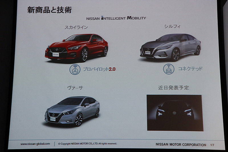 コネクテッド技術を搭載する「シルフィ」や、シルエットのみが公開されている「近日公開予定」の新型モデルなどを市場投入