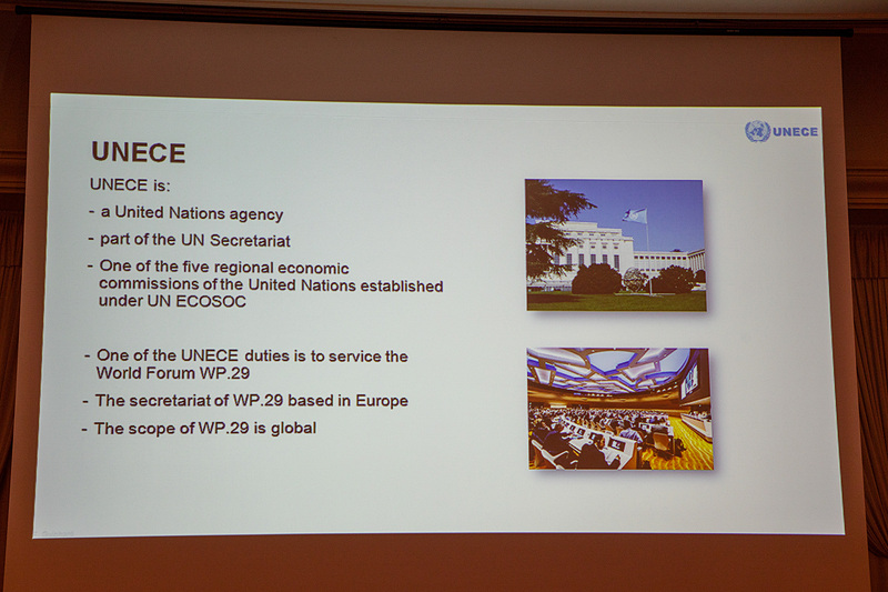 UNECEの業務についての説明スライド。UNECEは自動車の技術的な規定や環境性能、安全性、そして自動運転などについての規定作りやそれらの証明などを扱っているという