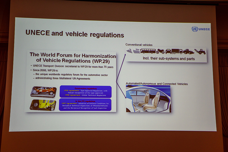 UNECEの業務についての説明スライド。UNECEは自動車の技術的な規定や環境性能、安全性、そして自動運転などについての規定作りやそれらの証明などを扱っているという
