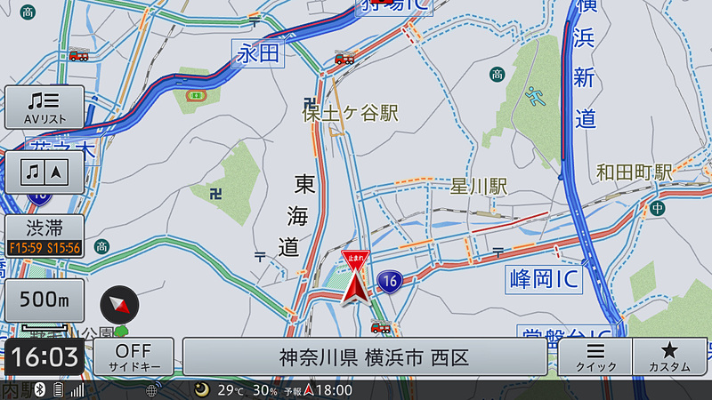 広域地図でもスマートループによる渋滞表示がハッキリ。ざっくり周辺の交通状況を確認したい、なんて時にも有効だ