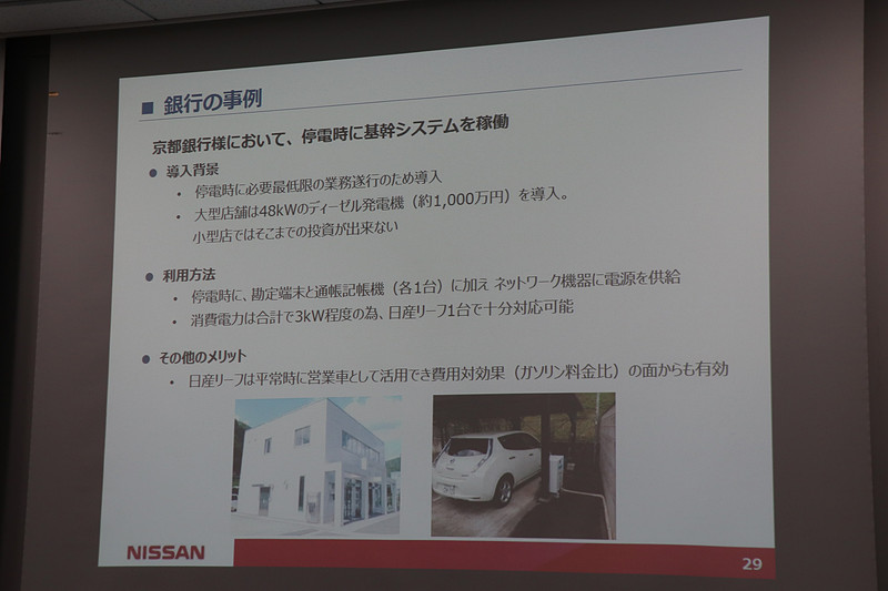 京都銀行では、大型店舗ではディーゼル発電機の導入、小型店ではバックアップ電源にリーフを導入するといった使い分けを行なっている