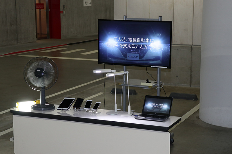 パワームーバー側面にある1.5kWh AC100Vのコンセント3個から給電。デモではテーブルタップを使って多彩な機器に電源供給していた