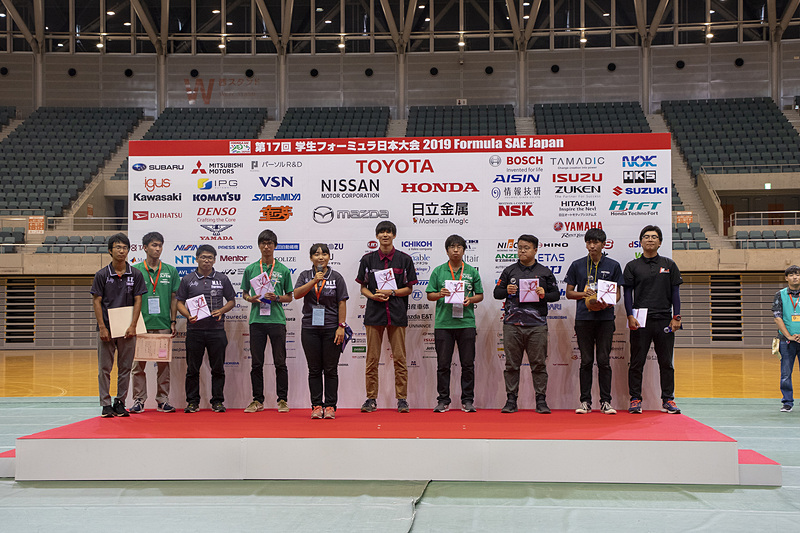 表彰の模様。左から4人は自治体などの賞の受賞校代表者。中央左寄りのマイクを持つ女性が総合成績1位の名古屋工業大学の代表者で、続けて左に2位、3位、4位、5位、6位という並び