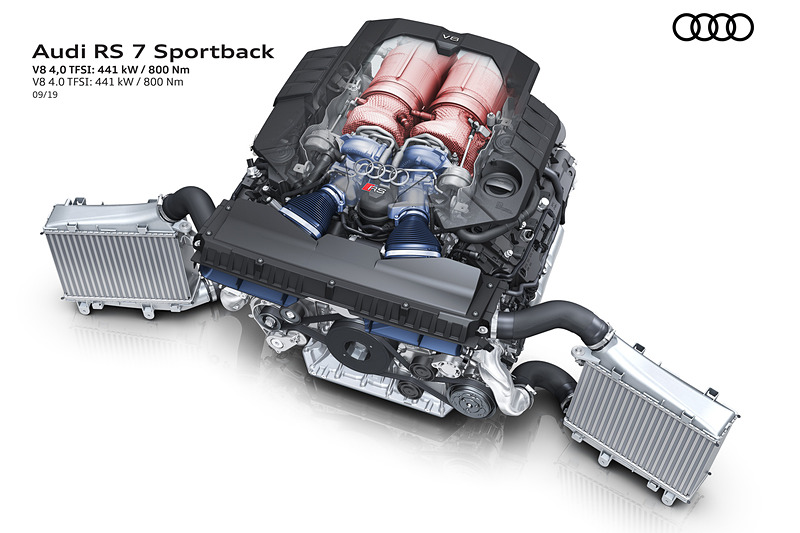 「COD（シリンダーオンデマンド）システム」も搭載するV型8気筒4.0リッターツインターボ「4.0 TFSI」エンジン。最高出力441kw（600PS）/6000-6200rpm、最大トルク800Nm/2050-4500rpmを発生する