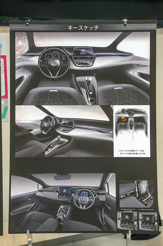 インテリアデザインのキースケッチ。イメージの多くが実際の車両で再現されているように見える