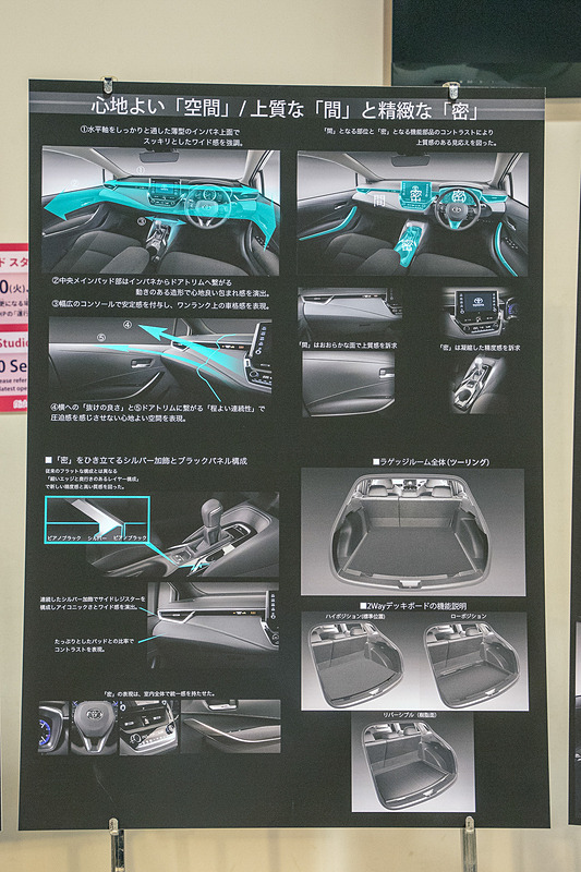 インテリアデザインの詳細。実際に展示車に乗り込んで見たが、以前のカローラの印象をまったく感じさせないほどクラスが上のクルマのような雰囲気を持っていた