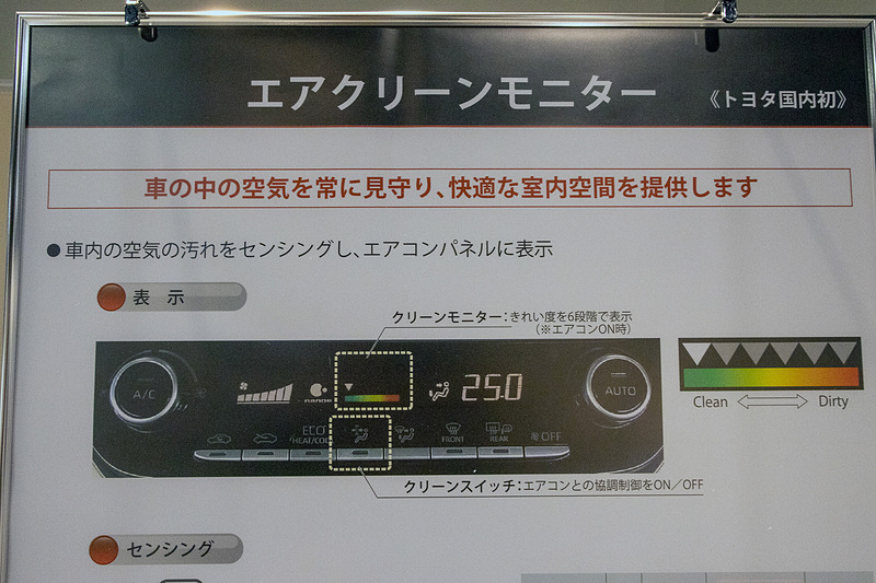 そのほか中国向けのモデルで採用されていた「エアクリーンモニター」付きのエアコンをオプションで用意する。フィルター部の空気センサーにより空気の“きれい度”を計測し、汚れていると判断した場合にはエアコンと協調して空気をきれいにする