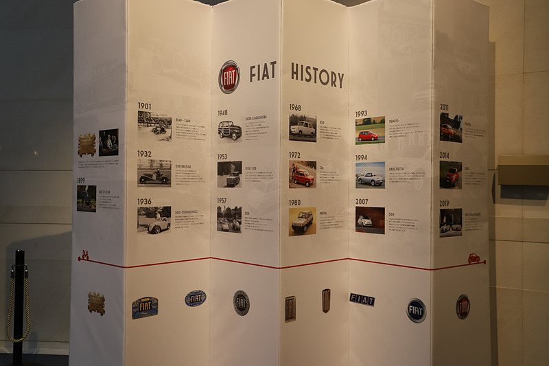 フィアットの歴史についてのボードは、屏風のように折りたたまれたデザイン