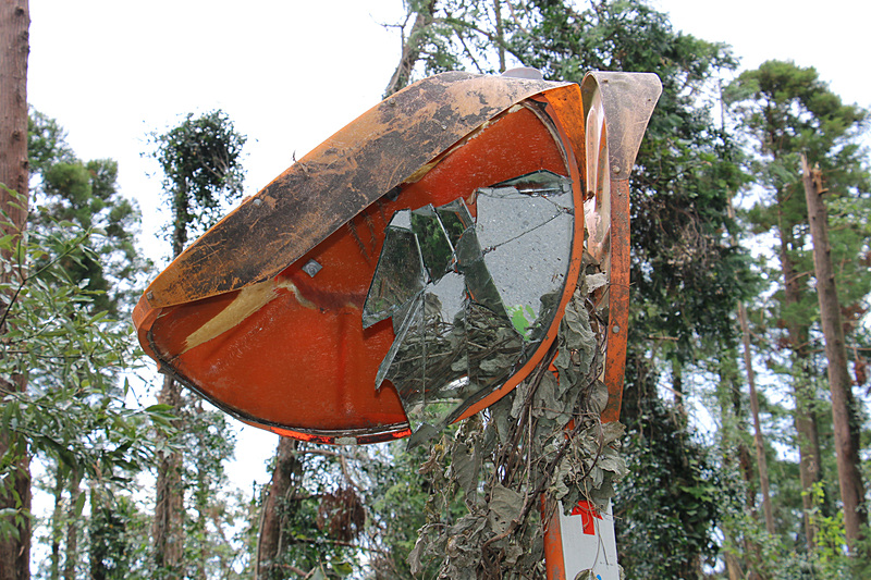 倒木が当たったのか大きく破損したカーブミラー