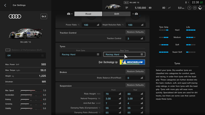 カーセッティング画面内に、ミシュランがタイヤテクノロジーパートナーとして登場