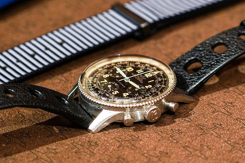 こちらは来場者の私物を撮影させていただいた。アンティークのナビタイマー。機械式時計は、メンテナンスさえ怠らなければとても長く愛用できる