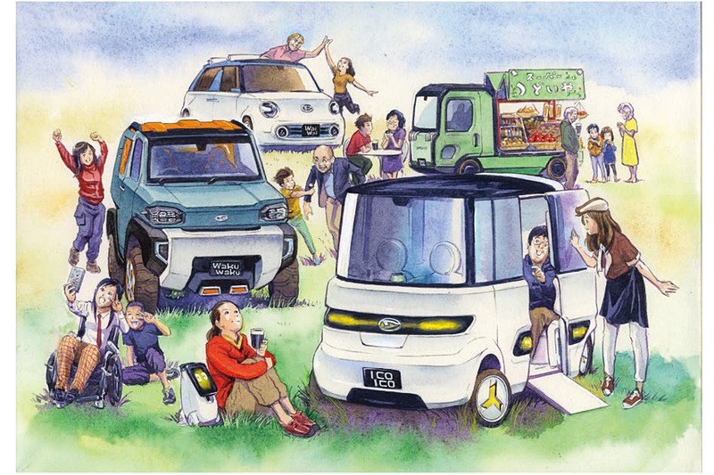 ダイハツが第46回 東京モーターショー 2019の出展概要を発表。ブースでは田中むねよし氏が描いたオリジナルの絵はがきセットが配布される
