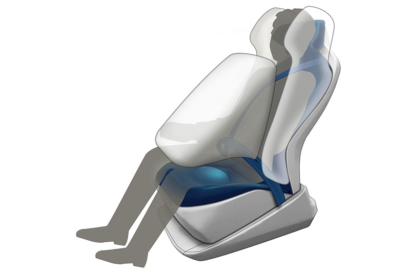 自動運転時に想定される乗員の姿勢の多様化に対応するため、エアバッグをシートに一体化させた「次世代セーフティシステム」。なお、この機能を備えたシートはトヨタ紡織ブースでも展示される