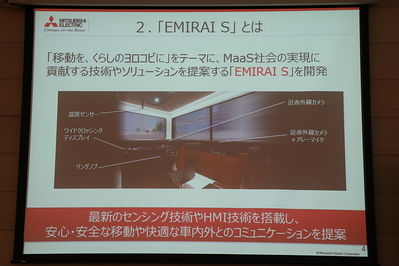 EMIRAI Sでは「将来的なMaaS社会」で求められる新しい機能を実現するため、三菱電機が開発を進めているセンシング技術、HMI技術などについて紹介