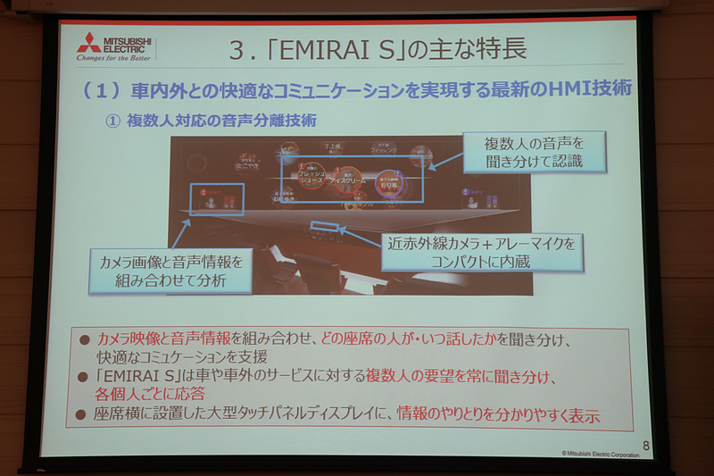 「複数人数対応の音声分離技術」を解説するスライド資料。近赤外線カメラで乗員の口の位置と動きを検知。「アレーマイク」の指向性を制御するほか、発話のタイミングなどもチェックして、複数の人が同時に発話してもそれぞれの音声を分離して認識可能
