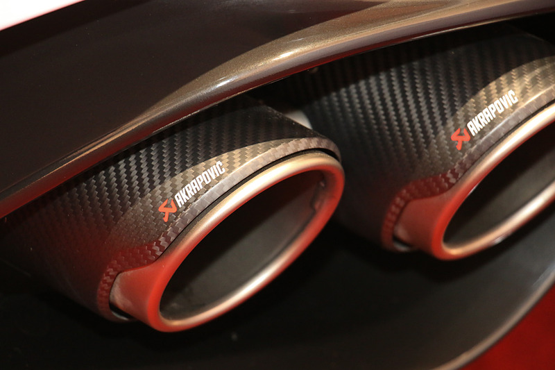 アクラポヴィッチ製チタンマフラーは左右に各2本のエキゾーストパイプを設定。外周に設定されたカーボン製カバーにアクラポヴィッチのロゴマークが入る