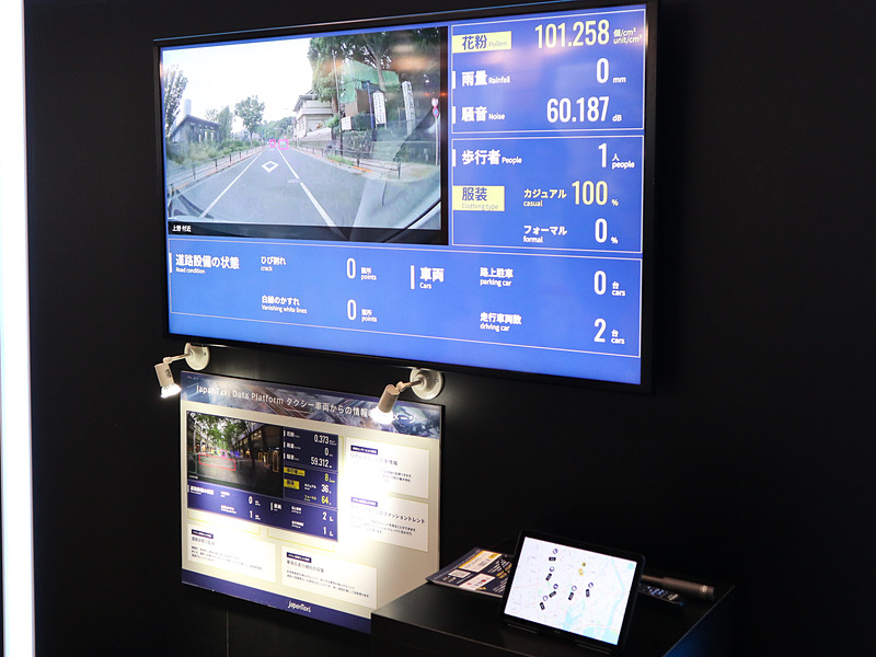 タクシーが収集したデータを展示。1週間もあれば90％の道路の画像データが集まるといい、道路の補修などでの活用も期待