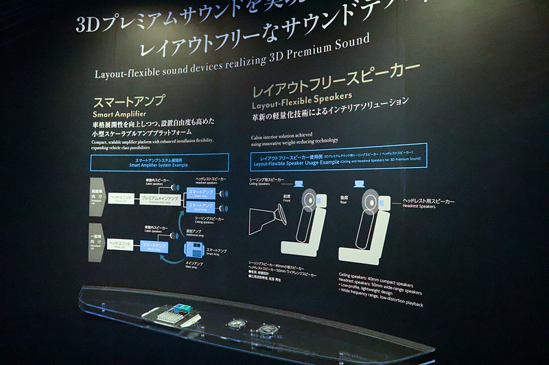 アルプスアルパインではヘッドレスト内蔵スピーカーなども展示。自動車メーカーに導入を働きかける
