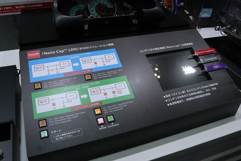 「Nano Cap」においてコンデンサーをなくした場合の波形をさまざまな組み合わせから確認できるディスプレイ