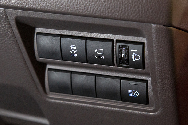 ステアリングコラム右側のスイッチ群。ヘッドライトレベライザーは手動タイプ