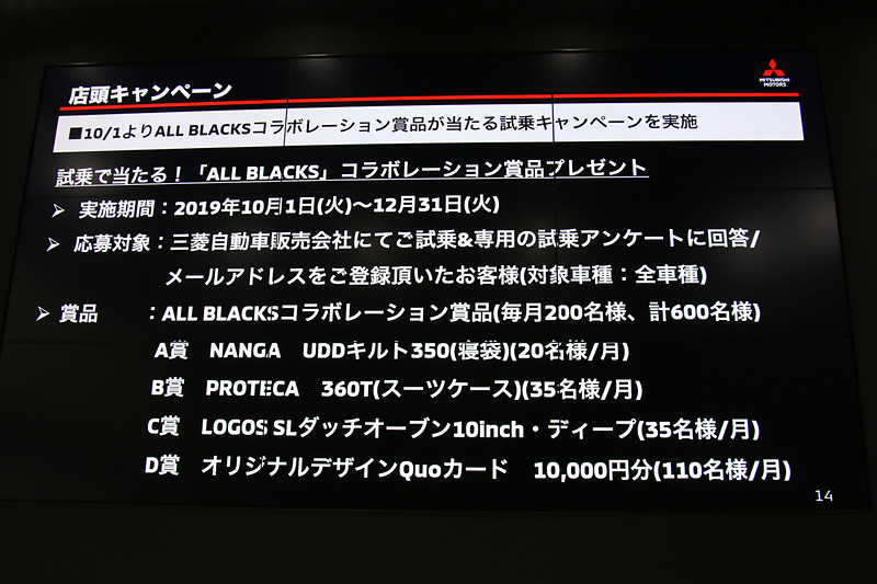 試乗キャンペーンの概要とプレゼント品。プレゼント品にはそれぞれ三菱自動車とオールブラックスのロゴマークが並んで入る
