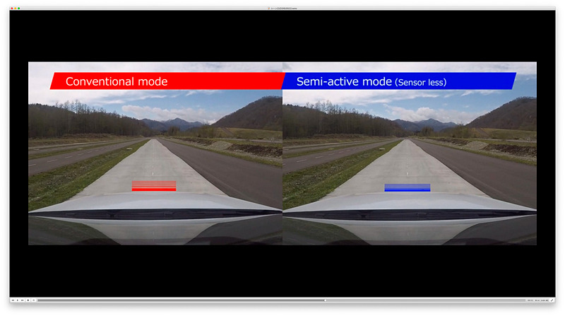 クルマの動きの違い。右が高性能セミアク装着車。ストローク量が異なる、つまりダンパーの抑制量が異なるのが分かる