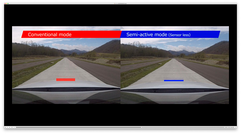 クルマの動きの違い。右が高性能セミアク装着車。ストローク量が異なる、つまりダンパーの抑制量が異なるのが分かる
