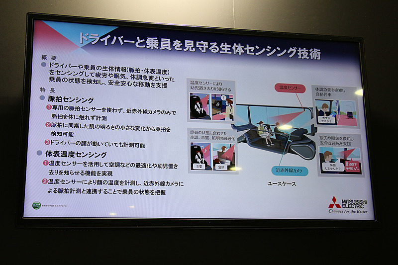 ディスプレイの右上に設置された温度センサーで体表温度を測定。脈拍と体表温度を組み合わせて分析し、ドライバーや乗員の体調などをチェックする